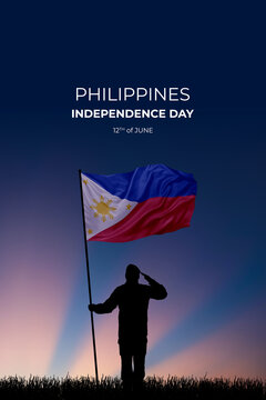 National flag of Philippines flutters in military man hands