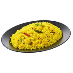 Vibrant yellow rice dish with spices and herbs on black plate isolated on white background