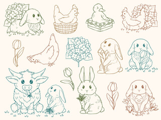Cute characters farm animals, vector art collection