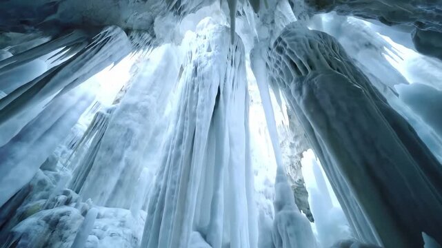 Ice Cave Showcases Frozen Formations with Ethereal Light Effects
