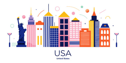 Naklejka premium USA Watercolour Style Vector Skyline SVG – Soft Gradient Blends Cityscape Illustration, United States Travel Art Printable Design