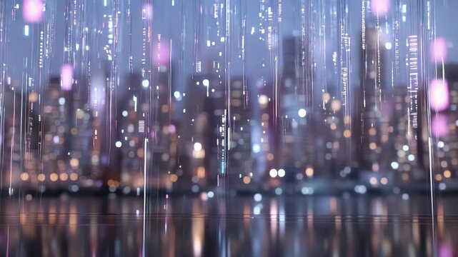 In a lively downtown area, colorful shapes gently fall and dance as city lights reflect on the water at night