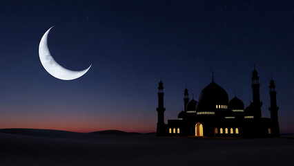 Obraz premium Crescent moon over silhouetted mosque at twilight, starry night sky