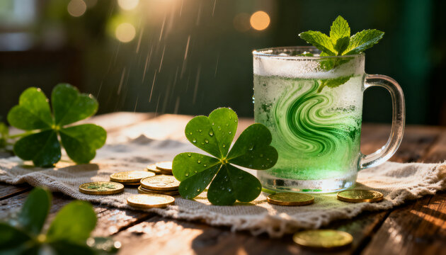 Showing clear glass mug holding green fizzy drink, mint sprig on linen, clover, coins, copy space