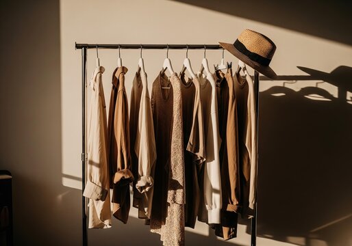 Warmly lit neutral toned clothing rack with a straw hat
