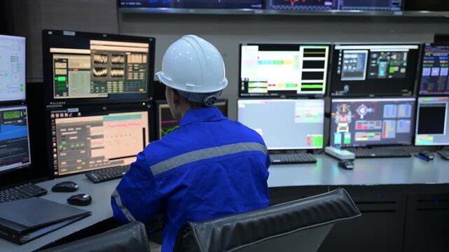 Engineer computer working at control room,Manager control system,Technician man monitoring program from a lot of monitor