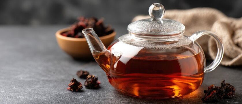 Glass teapot with hibiscus tea and dried red flowers on black background with copy space for text hestia