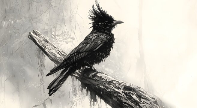 Umbrellabird perched on branch with mossy textures sketch image
