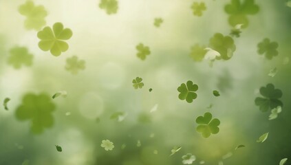 Floating centered four-leaf clover drifting in meadow backdrop with bokeh spots and fragments