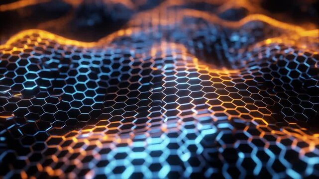 Vibrant hexagonal grid with dynamic blue and orange glowing lights