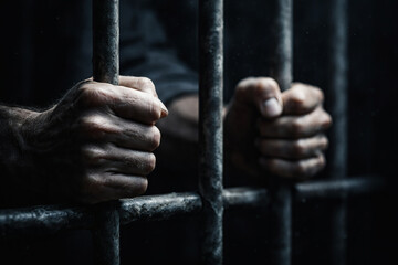 Close-up of human hands gripping prison bars in a dark, confined space