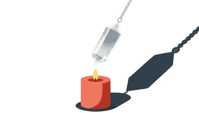Crystal pendulum swinging over candle with mysterious ambiance and soft lighting on a transparent background