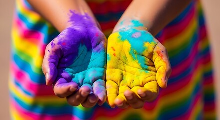 Fototapeta premium Vibrant Holi Powder Hands: Close-up of colorful purple, turquoise, yellow powder on open hands, blurred rainbow fabric background, Indian festival celebration