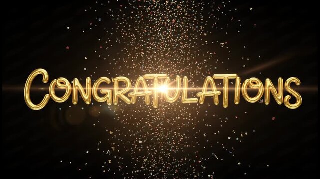 Golden balloon letters spelling "Congratulations" with colorful confetti falling against a black background