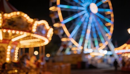Fototapeta premium Glowing large Ferris wheel with colorful LED spokes dominating night fair, with carousel canopy lit