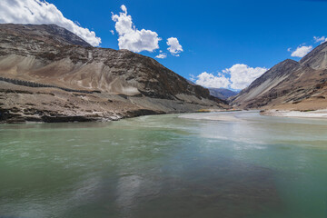 River water flowing at confluence of the Indus and Zanskar Rivers, known as Sangam, is located near Nimmu village, from Leh along the Leh-Srinagar Highway, NH1. Leh, Ladakh, India.