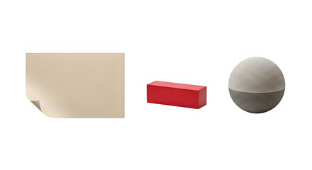 A brown rectangle, a red block, and a gray sphere on a white background isolated on transparent background