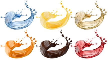 Obraz premium Set of splashes with liquids of different materials isolated on white background. 3d rendering