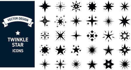 Set of twinkling starburst and sparkle icons in minimalist black vector style for design, magic and decoration © tofajjol studio