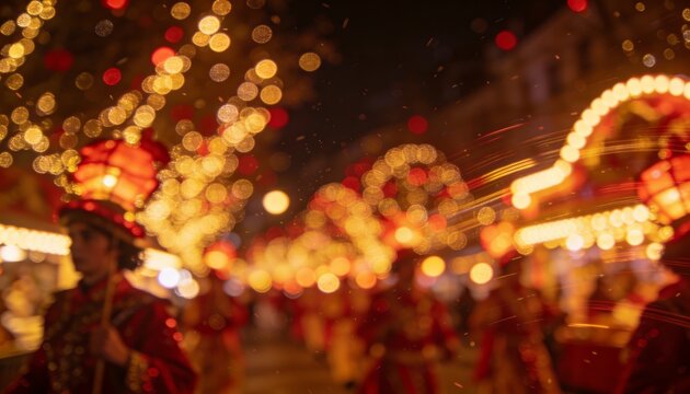 Marching performer wearing tall lit hat, red costume and holding staff on night street, copy space