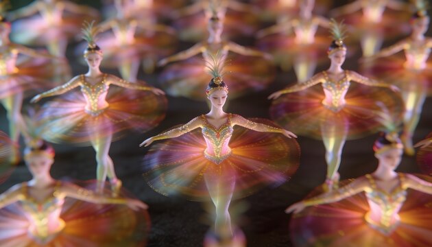 Showing central ballerina figurine posing on dark stage, wearing iridescent tutu and gold bodice