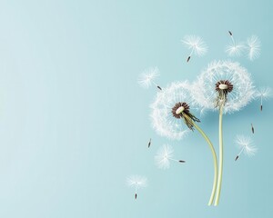 Obraz premium Minimalist dandelion seeds blowing in wind, gentle watercolor flow