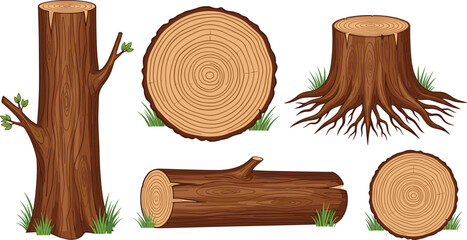 Tree trunk and log cross section illustration set, detailed wood texture with growth rings and roots isolated background © Farzana