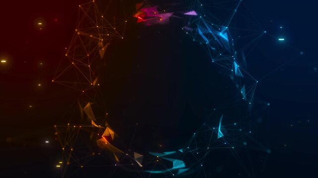 Abstract digital network connection with glowing polygon particles forming a circular frame on dark background. Concept artificial intelligence, big data, futuristic technology global communication