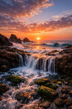 Vibrant Sunset Over Rocky Coastline with Cascading Freshwater Stream