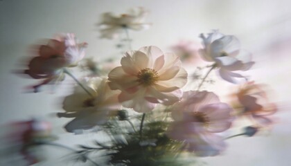 Showing central pastel flower cluster glowing on tabletop under diffused light, with yellow center