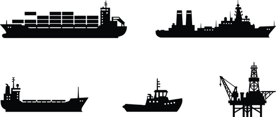 Cargo ship warship tanker boat and offshore oil platform silhouettes maritime transport industrial shipping fleet isolated vector black ocean industry illustration set © Hello World