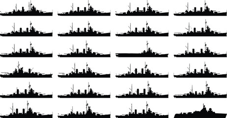 Collection of naval warship silhouettes set military battleship destroyer cruiser ship profiles isolated vector style black maritime fleet navy vessels ocean defense illustration bundle © Hello World