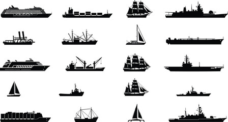Collection of ship silhouettes including cruise liner cargo vessel sailing boat warship tanker yacht profiles isolated vector black maritime transport naval fleet illustration set © Hello World