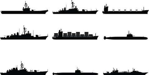 Military naval warship submarine and cargo vessel silhouettes set maritime fleet ocean defense transport shipping isolated vector black navy ship illustration collection © Hello World