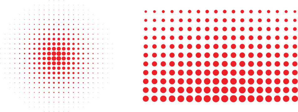 Silhouette of red dots on a white background with a geometric shape halftone effect set.