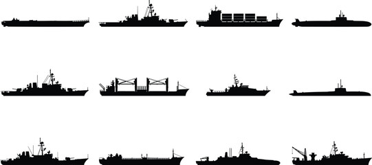 Naval warship cargo ship submarine and tanker silhouettes set military maritime fleet ocean transport defense shipping isolated vector black vessel illustration collection © Hello World