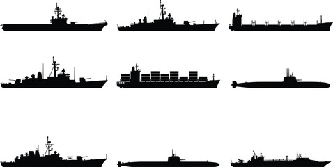 Naval warship submarine and cargo ship silhouettes set military fleet maritime transport ocean defense shipping vessels isolated vector black illustration collection © Hello World