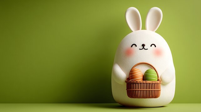 Easter bunny with a basket of Easter eggs on a green background. Funny white rabbit. Happy Easter banner. Copy space  