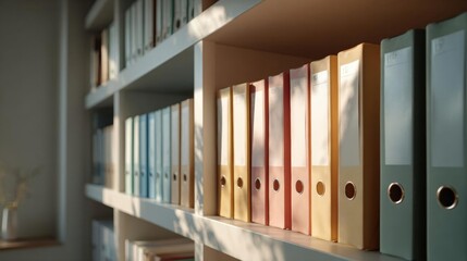 Bookshelf in a library or study area. the shelf is made of light-colored wood and is filled with books of different sizes and colors.
