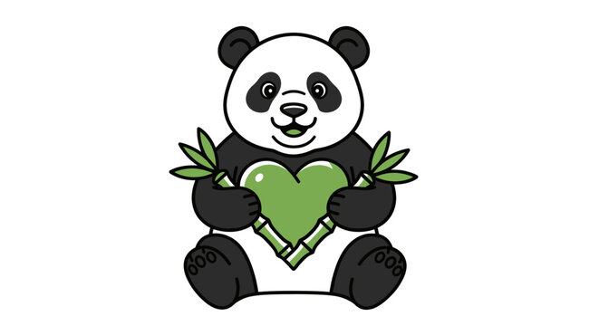 Cute panda holding a green bamboo heart, symbolizing love for nature.