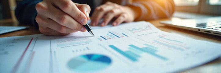 Business reporting with financial graphs and data analysis in office environment. Business metrics shown on documents and computer screen, emphasizing importance of analysis for decision making.