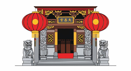 Illustration of a traditional Chinese temple entrance with red lanterns and stone lions on either side of the steps leading to a wooden door.