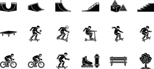 Extreme Sports Silhouette Icon Set Showing Skateboarding, BMX Cycling, Scooters, Ramps, and Urban Park Elements for Action and Vector Design © MstBobita