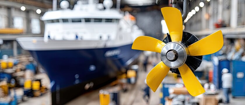 Close-up view of yellow ship propeller with blue cargo container ship and cruise liner in dry dock, featuring worker and cranes in background