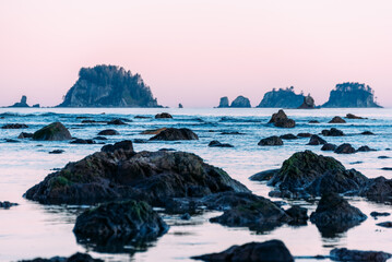 Pastel dawn over rocky tide pools with distant sea stacks along the Olympic National Park coastline