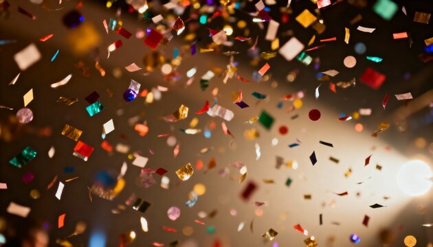 Falling multicolored metallic confetti floating through stage haze, with bright spotlight