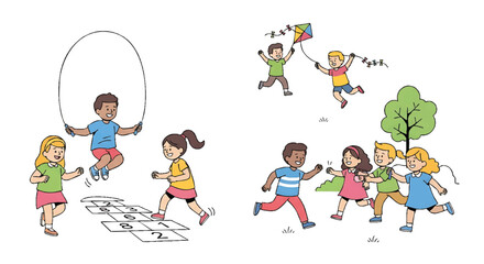 A group of diverse children playing outside together, jumping rope and flying a kite in a carefree outdoor setting with a white background.