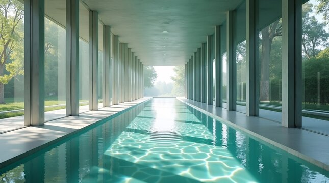 A long, narrow turquoise pool runs through a minimalist corridor of concrete columns and floor-to-ceiling glass.