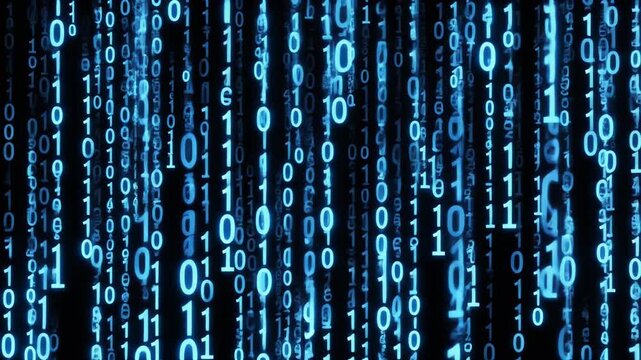 Glowing blue binary code cascading down on black background