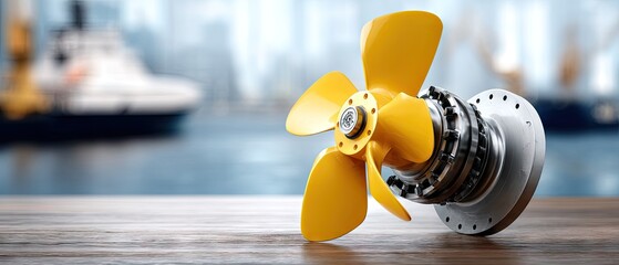 Yellow ship propeller displayed in the marine industry with ships under construction and space for text in background